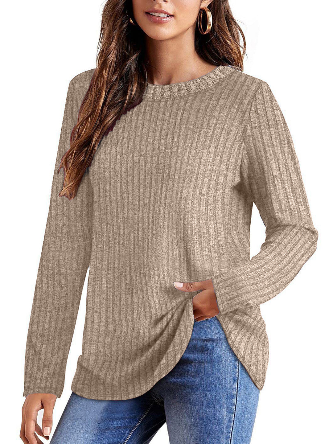 Damen Geripptes Feinstrick-Longsleeve mit Rundhalsausschnitt und asymmetrischem Saum EB