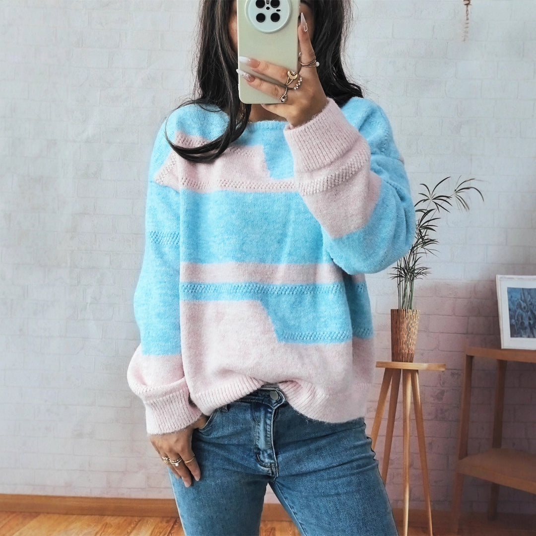 Damen Grobstrickpullover mit modischem Streifenmuster und weitem Schnitt EB