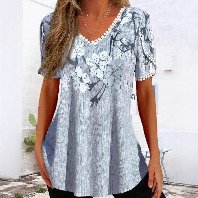Damen nan legeres V-Ausschnitt-Tunikashirt mit floralem Muster und Pomponbesatz EB
