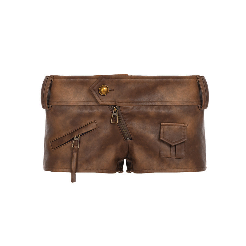 Damen Modische Shorts aus Kunstleder mit praktischen Taschen und dekorativen Reißverschlüssen EB