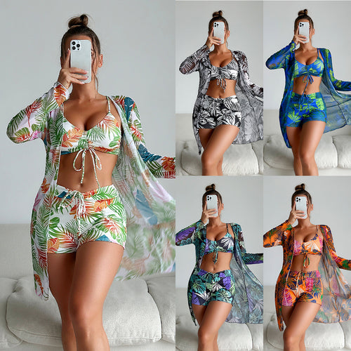 Damen Bikiniset mit luftiger Wickeljacke und floralem Muster EB