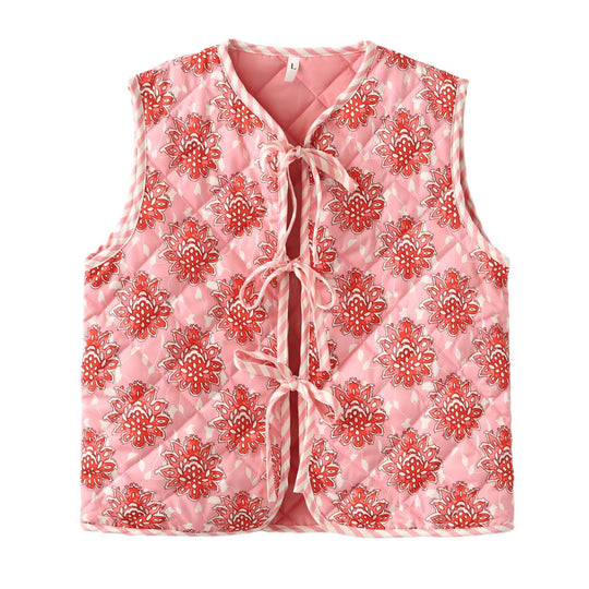 Damen gestepptes Weste mit floralem Muster und eleganten Bindebändern EB