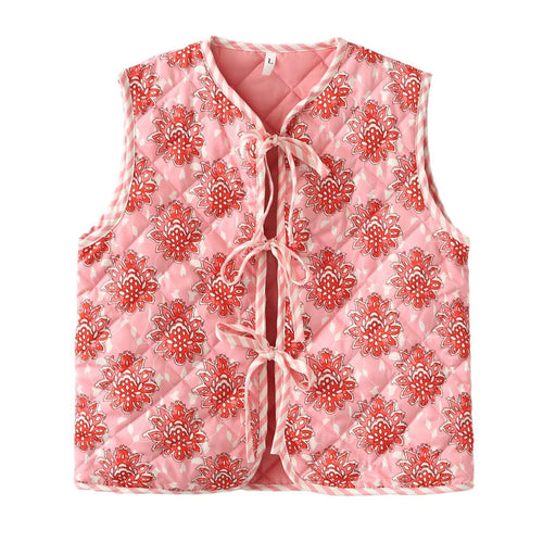 Damen gestepptes Weste mit floralem Muster und eleganten Bindebändern EB