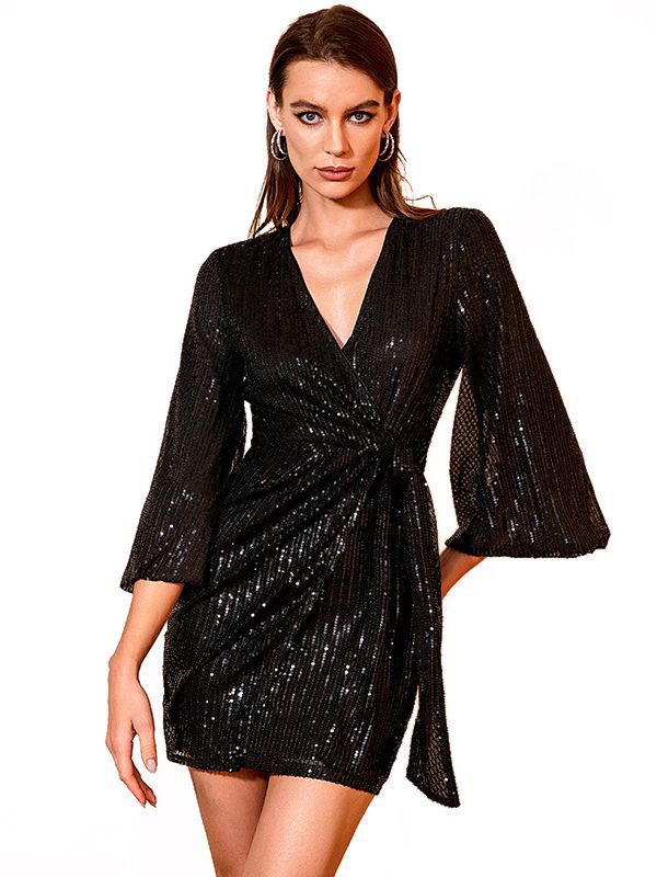 Damen Glitzerndes Wickelkleid mit langen Ärmeln und hohe Beinschlitz EB