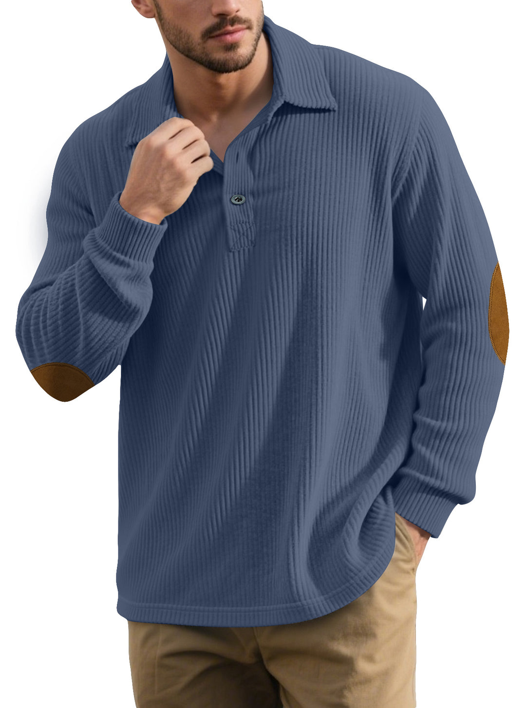 Herren nan gerippter Freizeit-Polo mit Kentkragen, kurzer Knopfleiste und Velours-Ellenbogenpatch EB