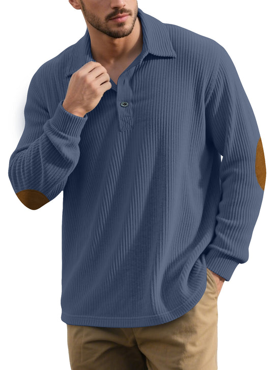 Herren nan gerippter Freizeit-Polo mit Kentkragen, kurzer Knopfleiste und Velours-Ellenbogenpatch EB