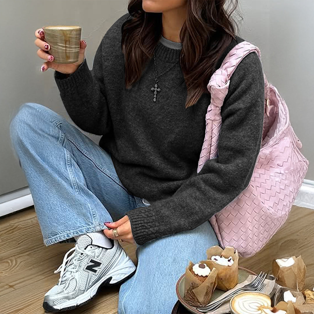 Damen nan kuscheliger Oversize-Strickpullover mit Rundhalsausschnitt und voluminösen Ballonärmeln EB