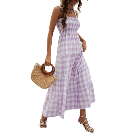 Damen Boho-Langkleid mit luftigen Rüschendetails und schmalen Spaghettiträgern EB
