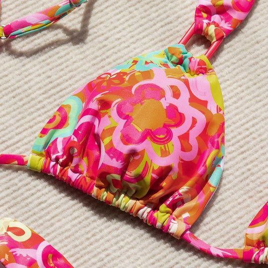 Damen Triangel-Bikini mit buntem Blumenmuster und verstellbaren Trägern EB