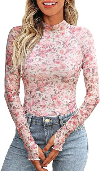 Damen Transparentes Mesh-Longsleeve mit Blumenprint und Stehkragen EB