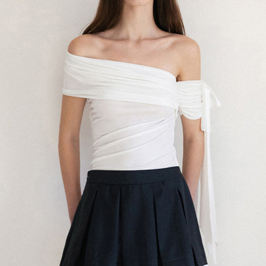 Damen Off-Shoulder Oberteil mit Rüschendetails und transparentem Ärmel EB