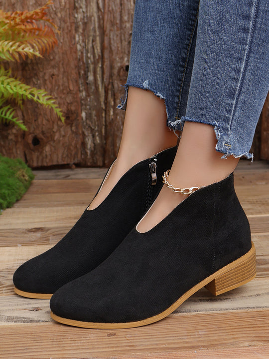 Damen nan V‑Ausschnitt Ankleboots aus Veloursoptik mit seitlichem Reißverschluss und niedriger Holzblocksohle EB