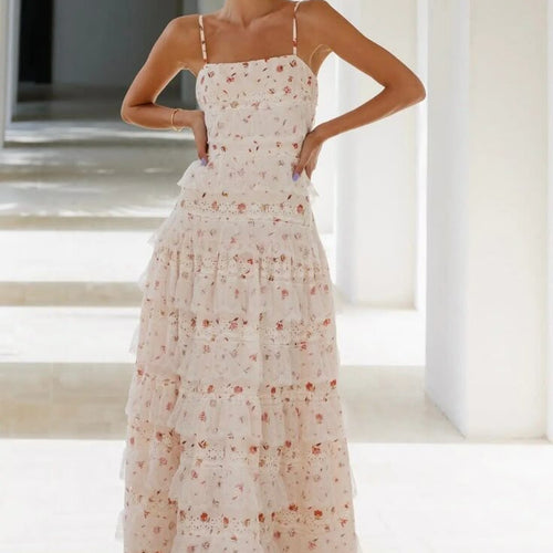Damen Maxikleid mit floralen Rüschendetails und Spaghettiträgern EB