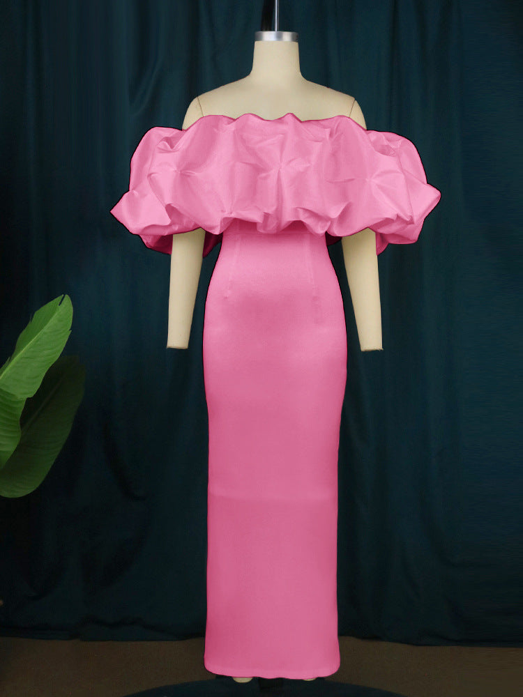 Damen Elegantes Off-Shoulder Maxikleid mit voluminösen Rüschensäumen EB