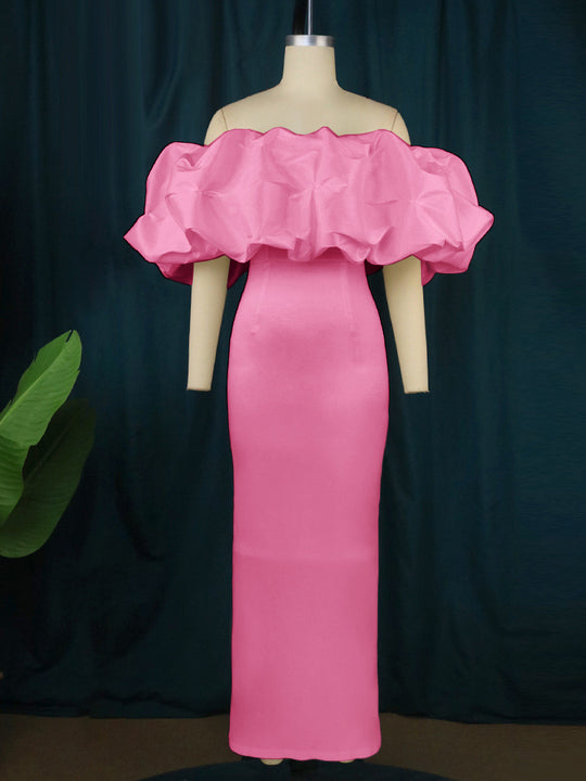 Damen Elegantes Off-Shoulder Maxikleid mit voluminösen Rüschensäumen EB