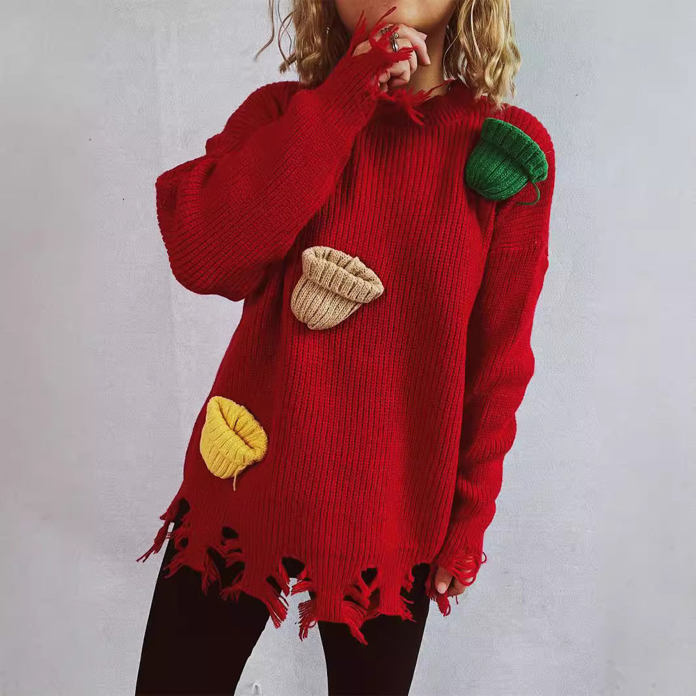 Damen lässiger Oversize-Pullover mit fransigen Details und bunten Applikationen EB