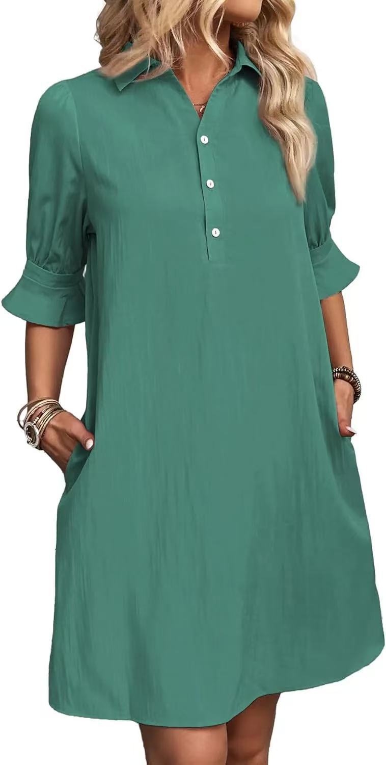Damen lässiges Hemdkleid mit kurzen Ärmeln und praktischen Taschen EB