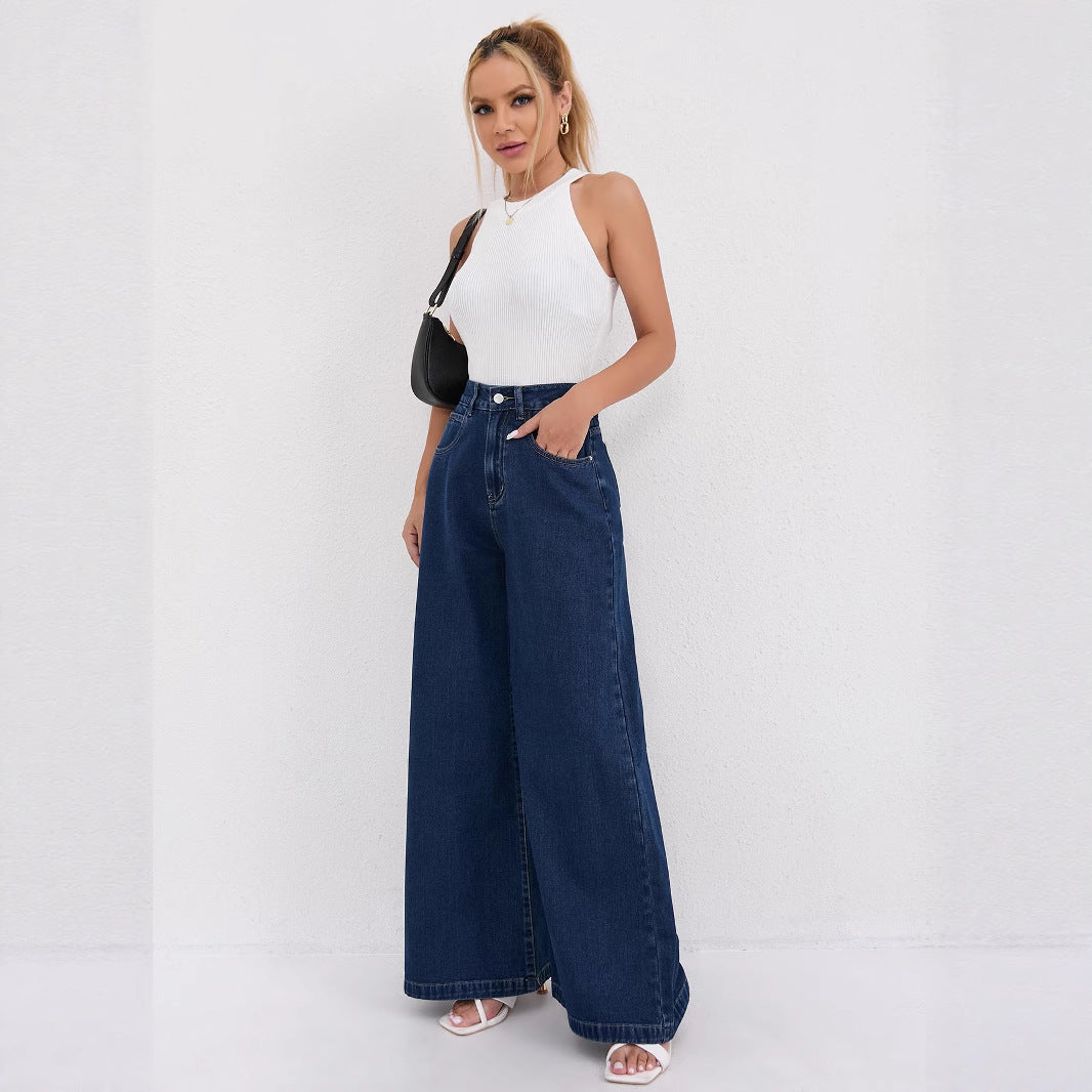 Damen Weite Denim-Jeans mit hoch tailliertem Schnitt und trendigen Details EB