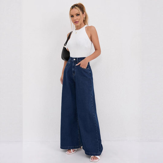 Damen Weite Denim-Jeans mit hoch tailliertem Schnitt und trendigen Details EB