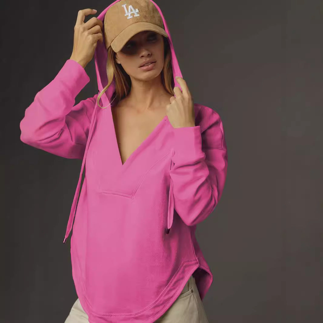 Damen Lässiger Kapuzenpulli mit V-Ausschnitt und bequemen Ärmeln EB