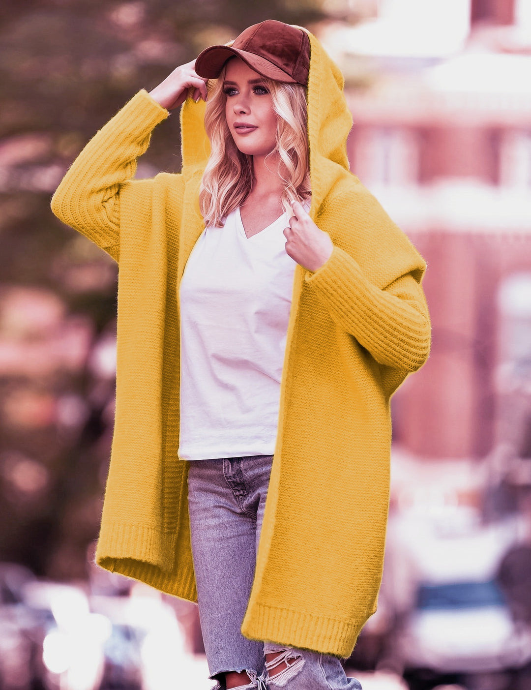 Damen lässiger Strickcardigan mit Kapuze und weiten Ärmeln EB