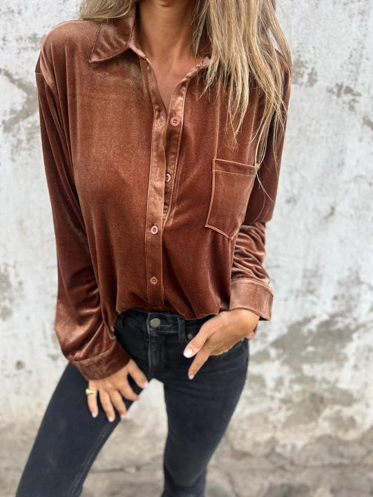 Damen Elegante Veloursbluse mit Brusttasche EB