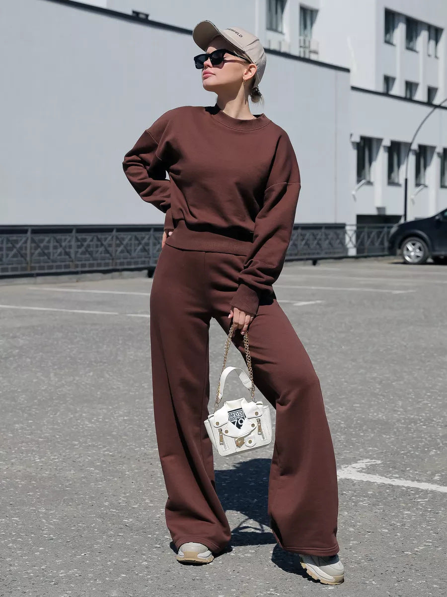 Damen Loungewear-Set mit weitem Crewneck-Sweater und High-Waist Palazzohose EB