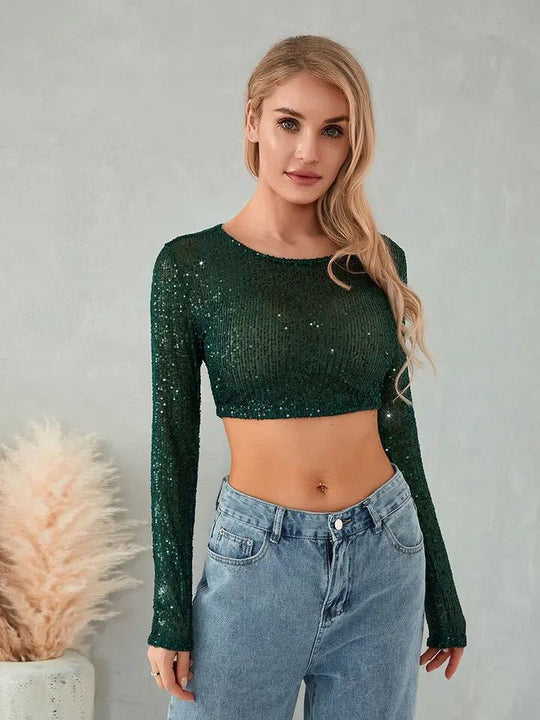 Damen Glitzerndes Langarm-Top mit funkelnden Pailletten EB
