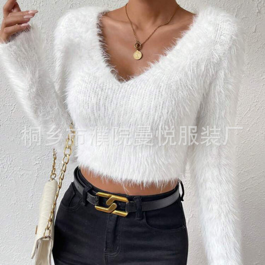 Damen Flauschiger Crop-Pullover mit V-Ausschnitt und Eyelash-Struktur EB