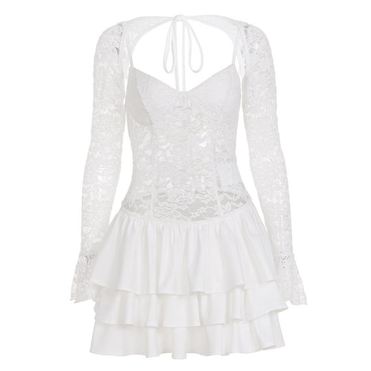 Damen Elegantes Spitzenkleid mit Rüschensaum und langen Ärmeln EB