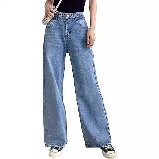 Damen nan hochgeschnittene weite Denim-Hose mit geradem Schlag und klassischem Five-Pocket-Design EB