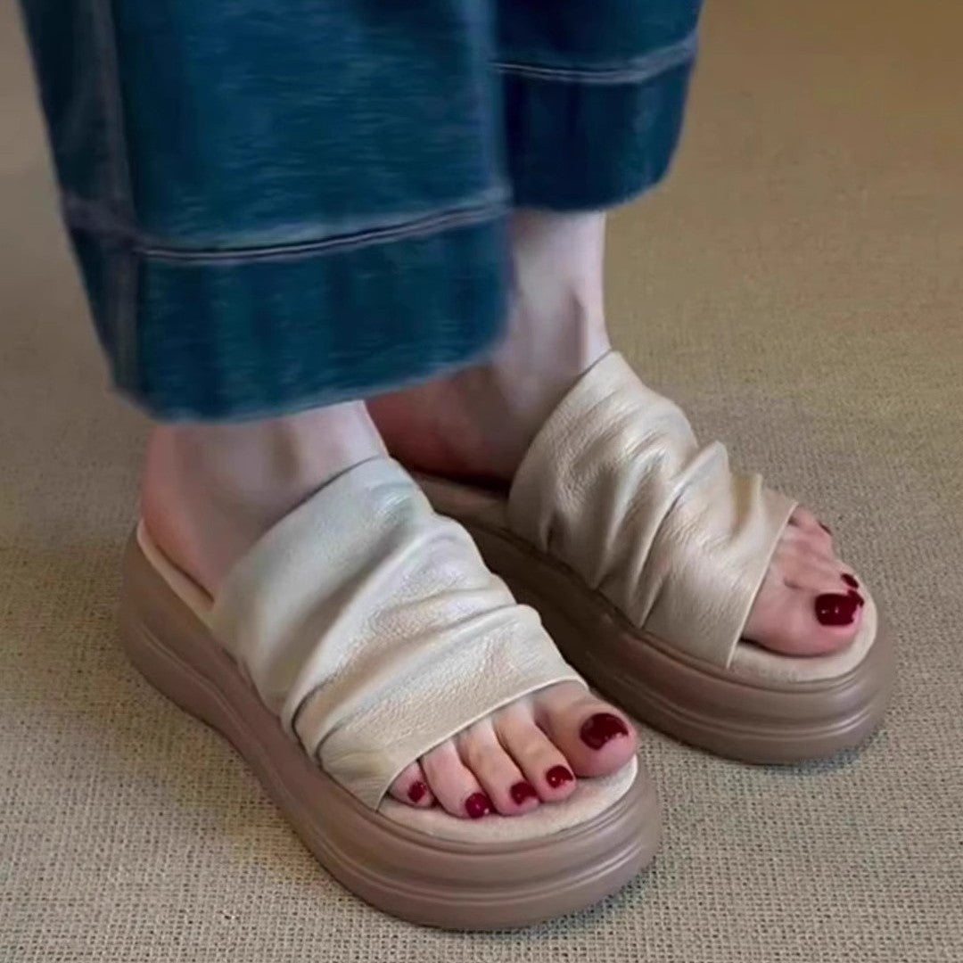 Damen lässige Plüsch-Pantoletten mit dekorativem Falten-Design und ergonomischer Sohle EB