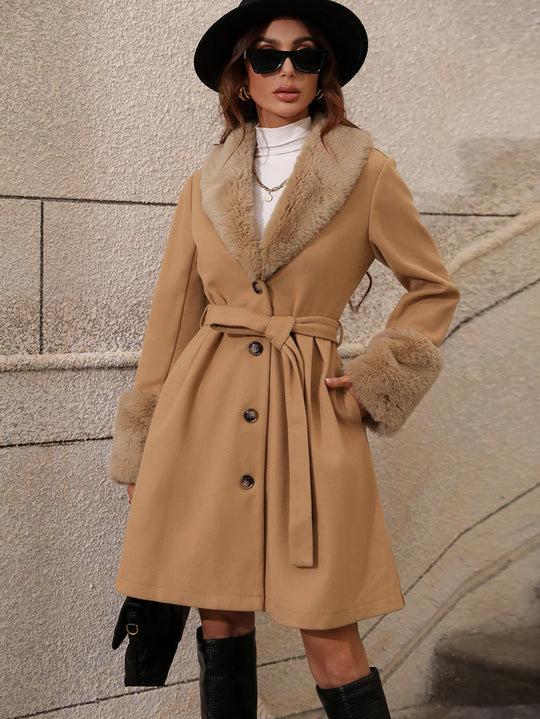 Damen Elegante Übergangsjacke mit weichem Kragen und Bindegürtel EB