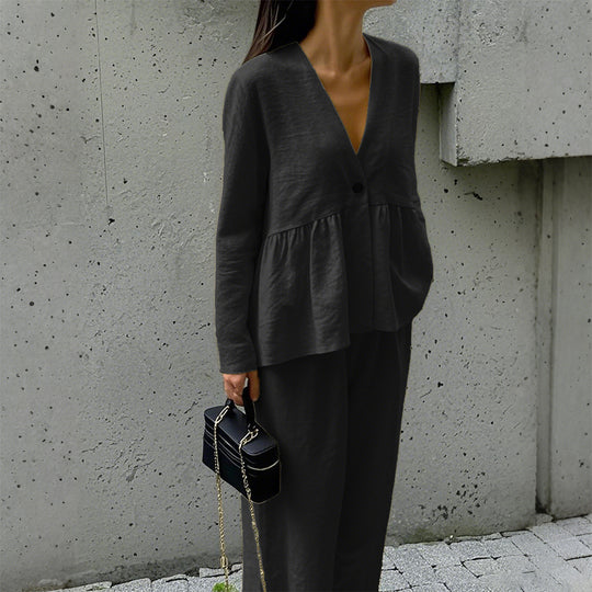 Damen nan legeres Leinenmix-Zweiteiler mit V-Ausschnitt Peplum-Bluse, Einknopfleiste und weitem Palazzo-Hosenbein EB