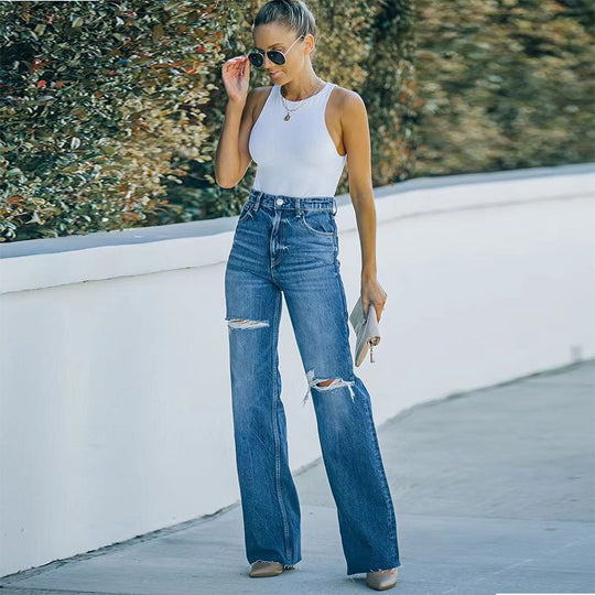 Damen Weit geschnittene High-Waist Jeans mit modischen Destroyed-Details EB