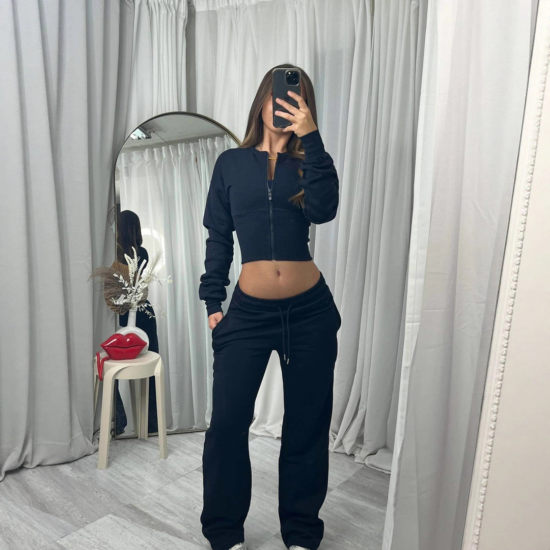 Damen nan kurzes Zip-Cropped-Shirt mit formendem Bund und breite Relax-Sweatpants mit Tunnelzug EB