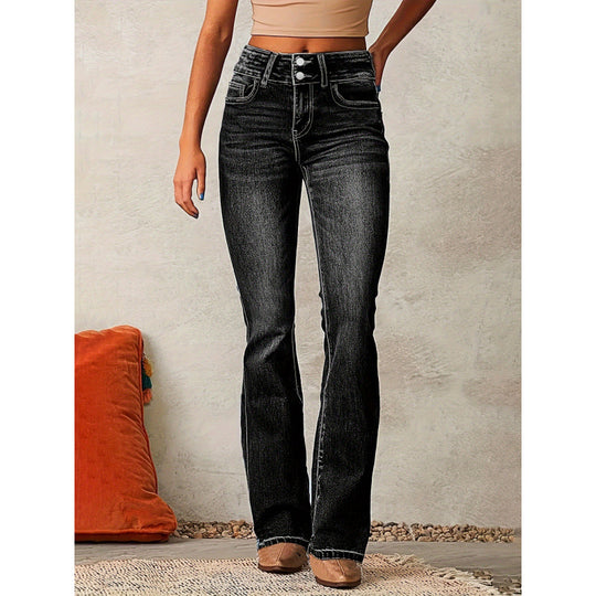 Damen Bootcut Jeans mit hohem Bund und modischen Knöpfen EB