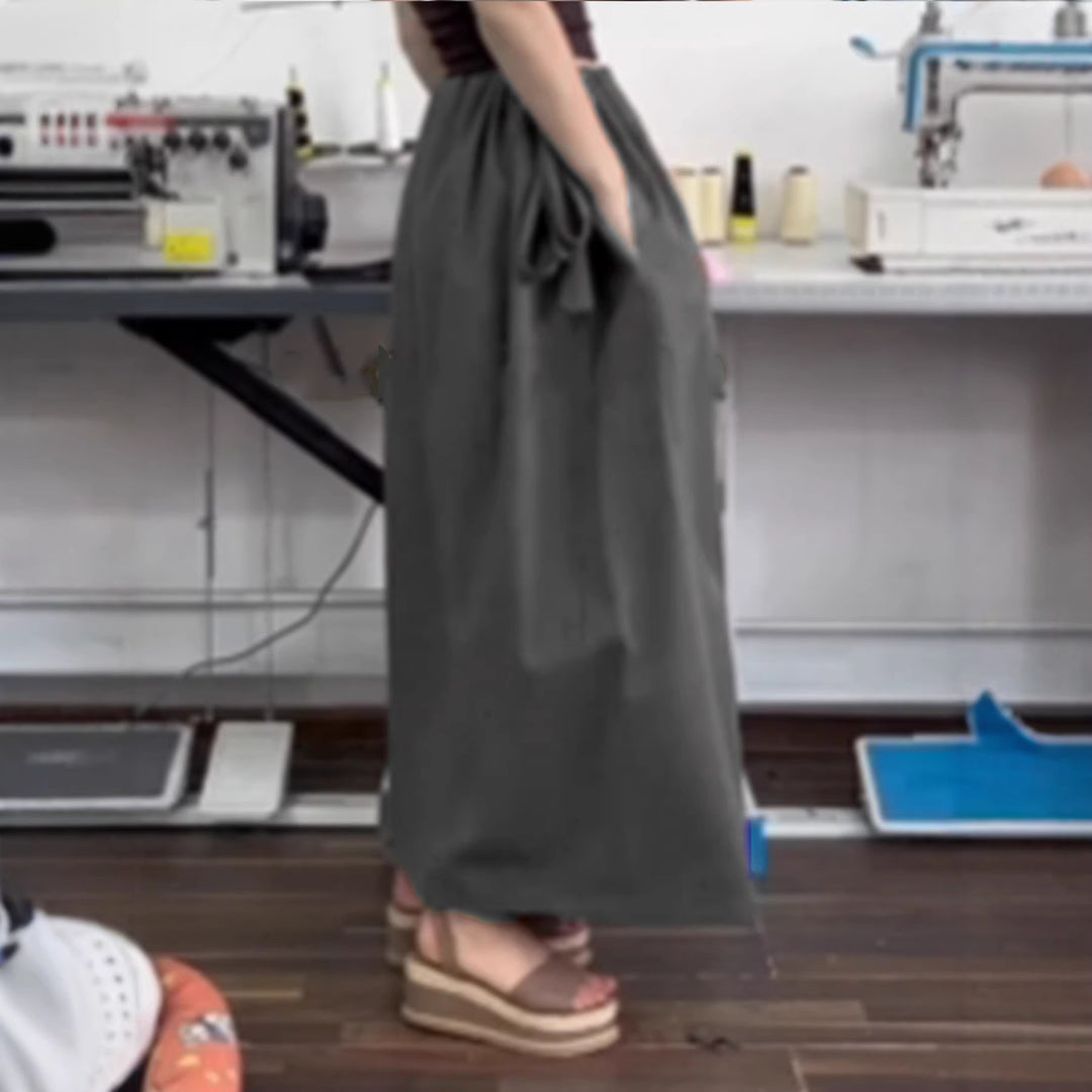 Damen Fließender Midirock mit hohem Smokbund, Bindeschleifen und Eingrifftaschen EB