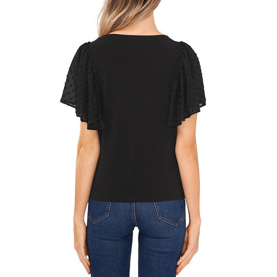 Damen V-Ausschnitt Bluse mit transparenten Rüschenschultern EB