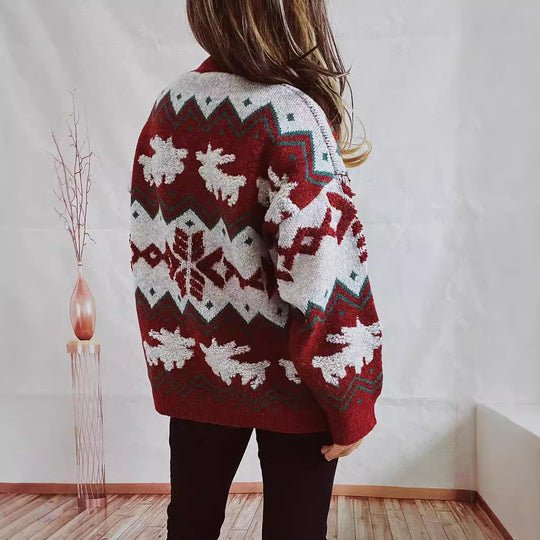 Damen festlicher Strickpullover mit weihnachtlichem Design und hohem Kragen EB