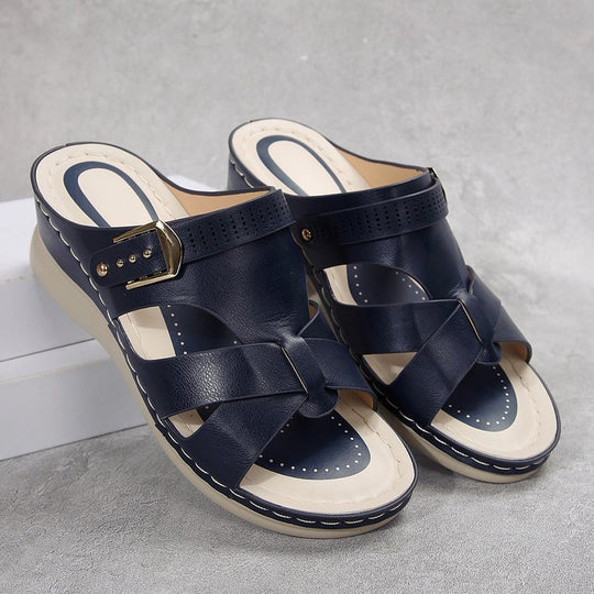 Damen Wedge-Pantoletten mit elegantem Kreuzriemen und komfortablem Fußbett EB