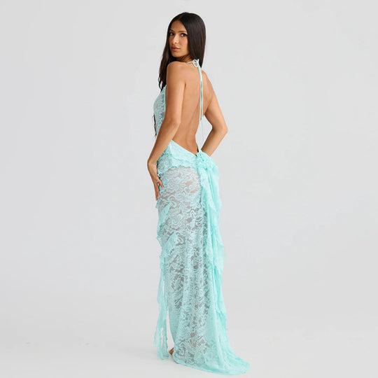 Damen verführerisches Spitzenkleid mit asymmetrischem Saum und Rüschendetails EB