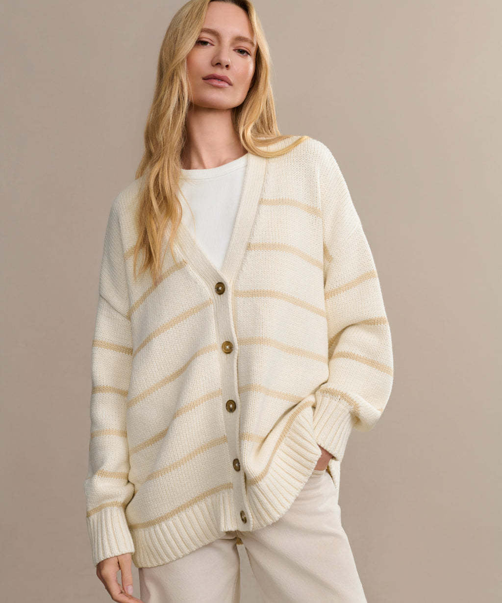Damen Modischer Streifen-Cardigan mit Knopfleiste und lässigem Schnitt EB