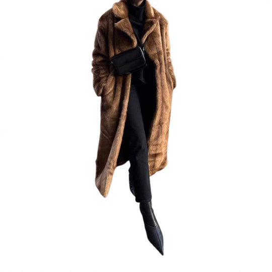 Damen Langer Kunstfellmantel mit breitem Revers und lässigem Schnitt EB