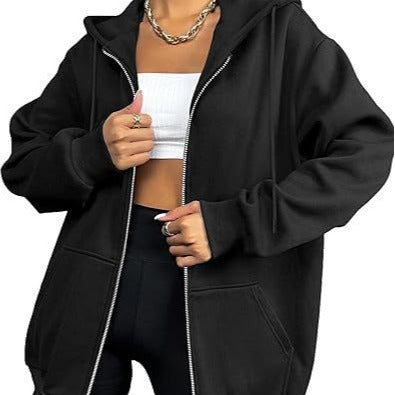 Damen nan oversized Zip-Kapuzenjacke mit kontrastierendem Reißverschluss, doppellagiger Kapuze und Kängurutasche EB