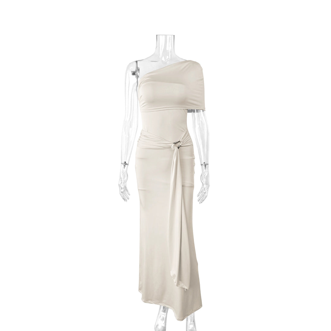 Damen Elegantes One-Shoulder Maxikleid mit figurbetonendem Schnitt und verspieltem Bindeband EB