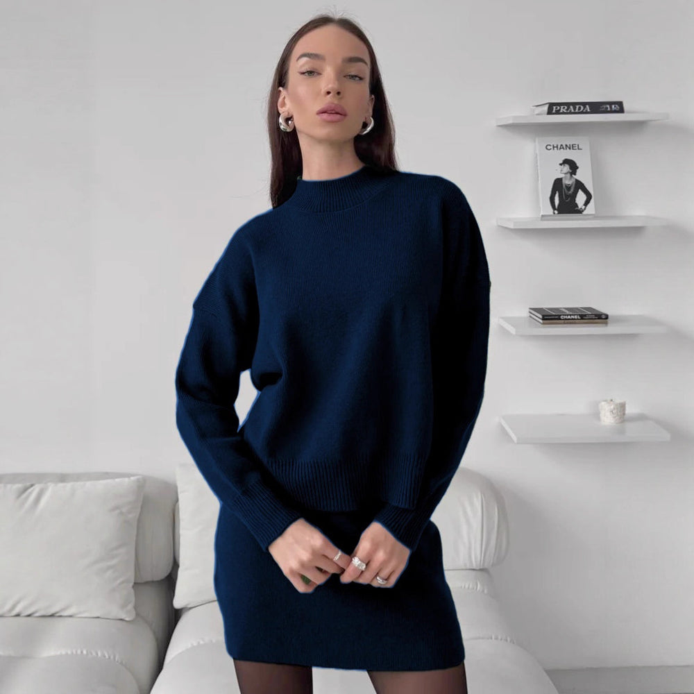 Damen kuscheliges Strickensemble mit hochgeschlossenem Design und ausgestelltem Rock EB