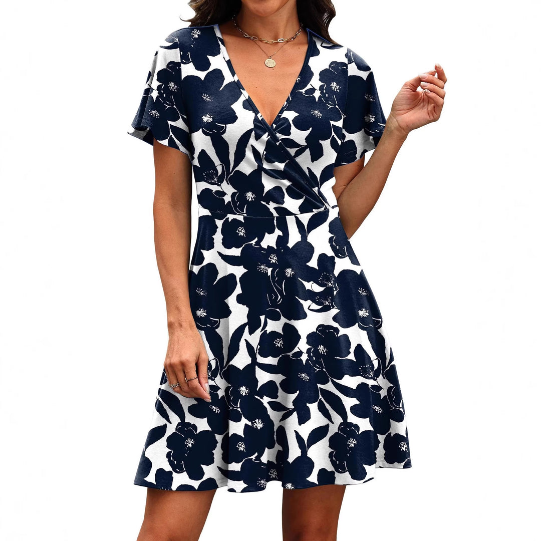 Damen Kurzärmeliges Wickelkleid mit floralen Mustern und V-Ausschnitt EB