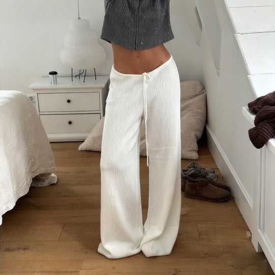 Damen nan lässige Lounge-Hose mit weitem Bein, elastischem Tunnelzugbund und feinem Rippstrick EB