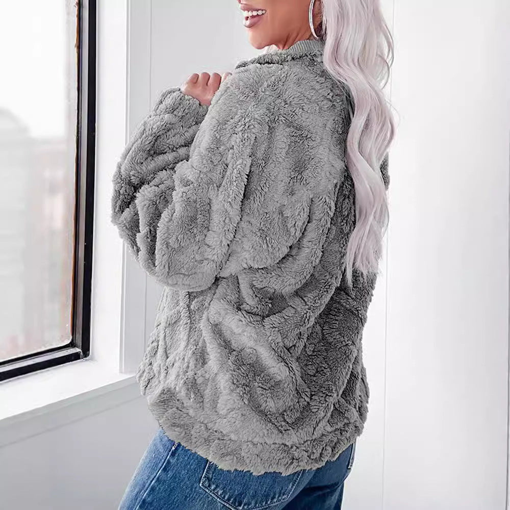 Damen Oversized Fleece-Pullover mit Stehkragen und Kunstpelz-Wabenstruktur EB